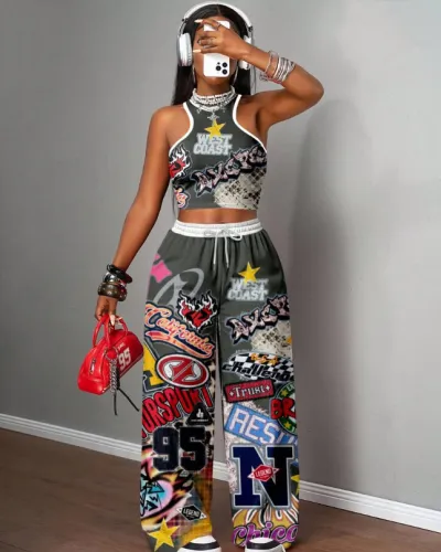 Women Fashion Casual Camouflage Printed Tank Top Wide Leg Pants Two-Piece Set