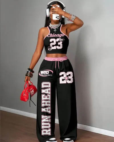 Women Fashion Casual Camouflage Printed Tank Top Wide Leg Pants Two-Piece Set