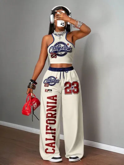Women Fashion Casual Camouflage Printed Tank Top Wide Leg Pants Two-Piece Set