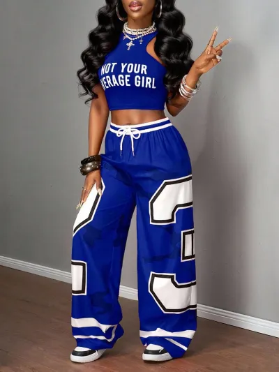 Women Fashion Casual Camouflage Printed Tank Top Wide Leg Pants Two-Piece Set