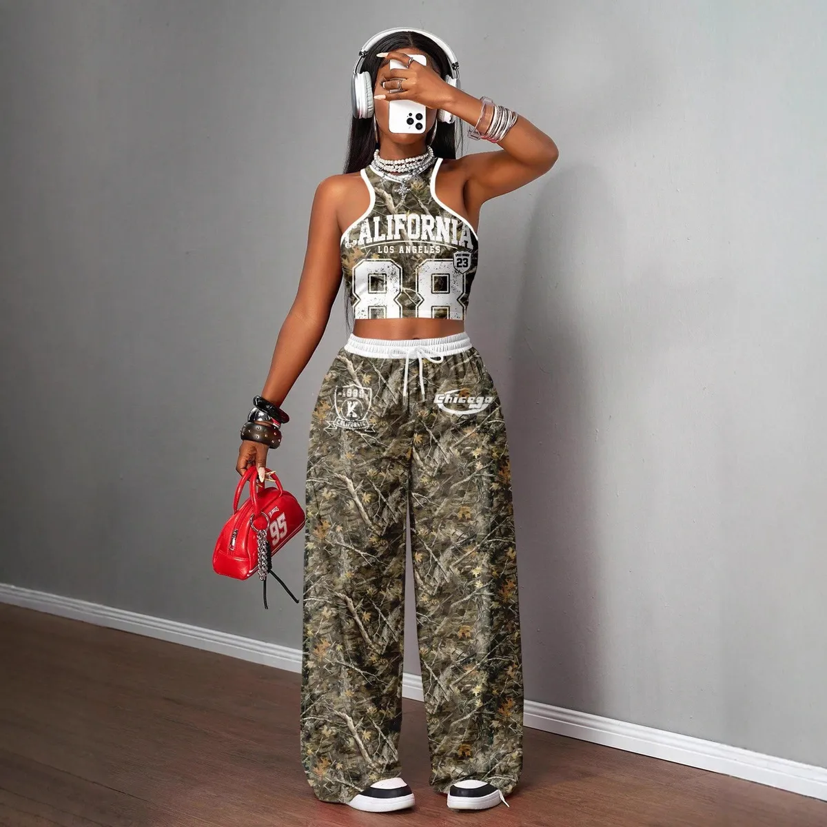 Women Fashion Casual Camouflage Printed Tank Top Wide Leg Pants Two-Piece Set