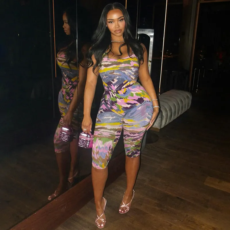 Women'S Fashion Camouflage Printed Sleeveless Bodysuits Tight Pants Two-Piece Set