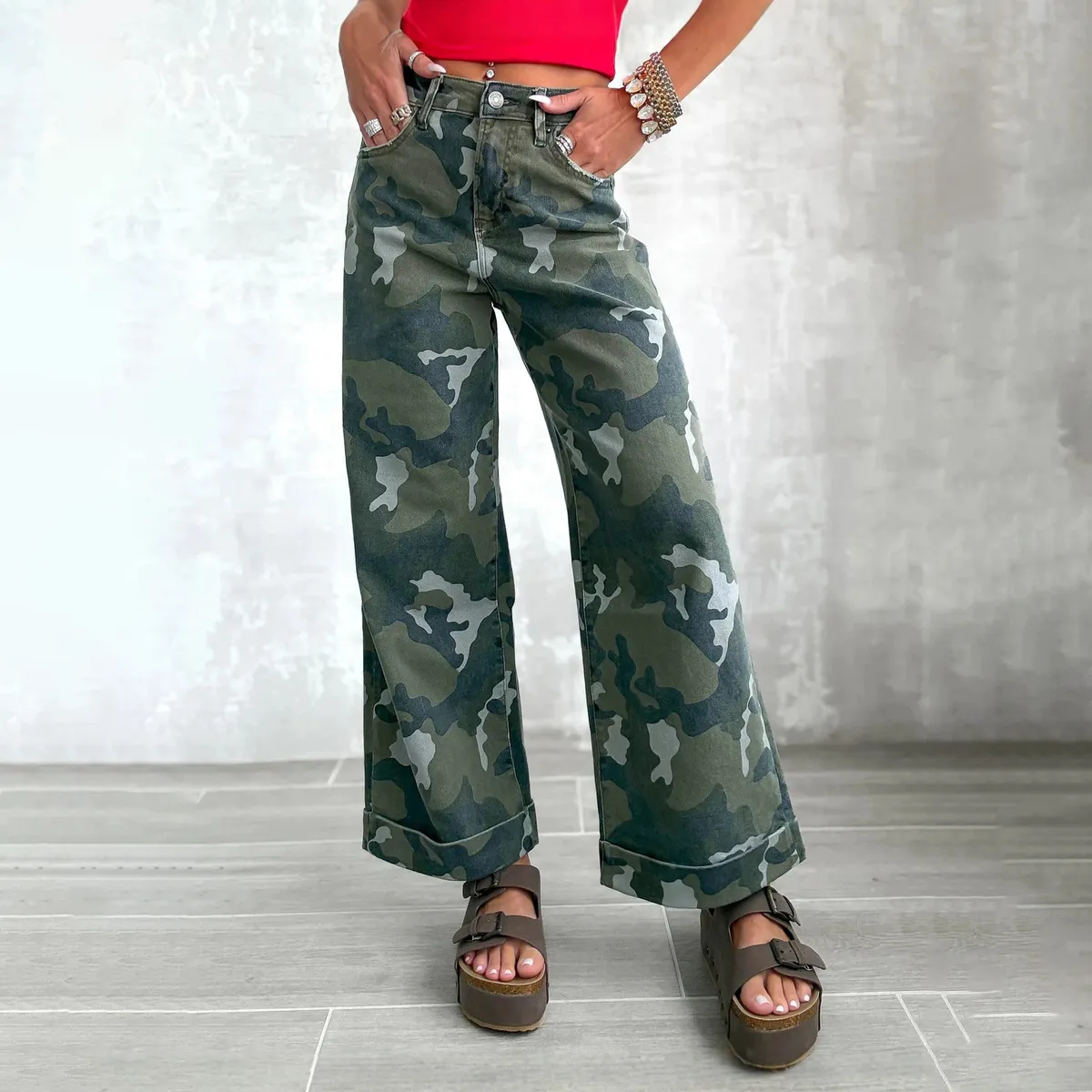 Women Fashion Casual Camouflage Straight Jeans