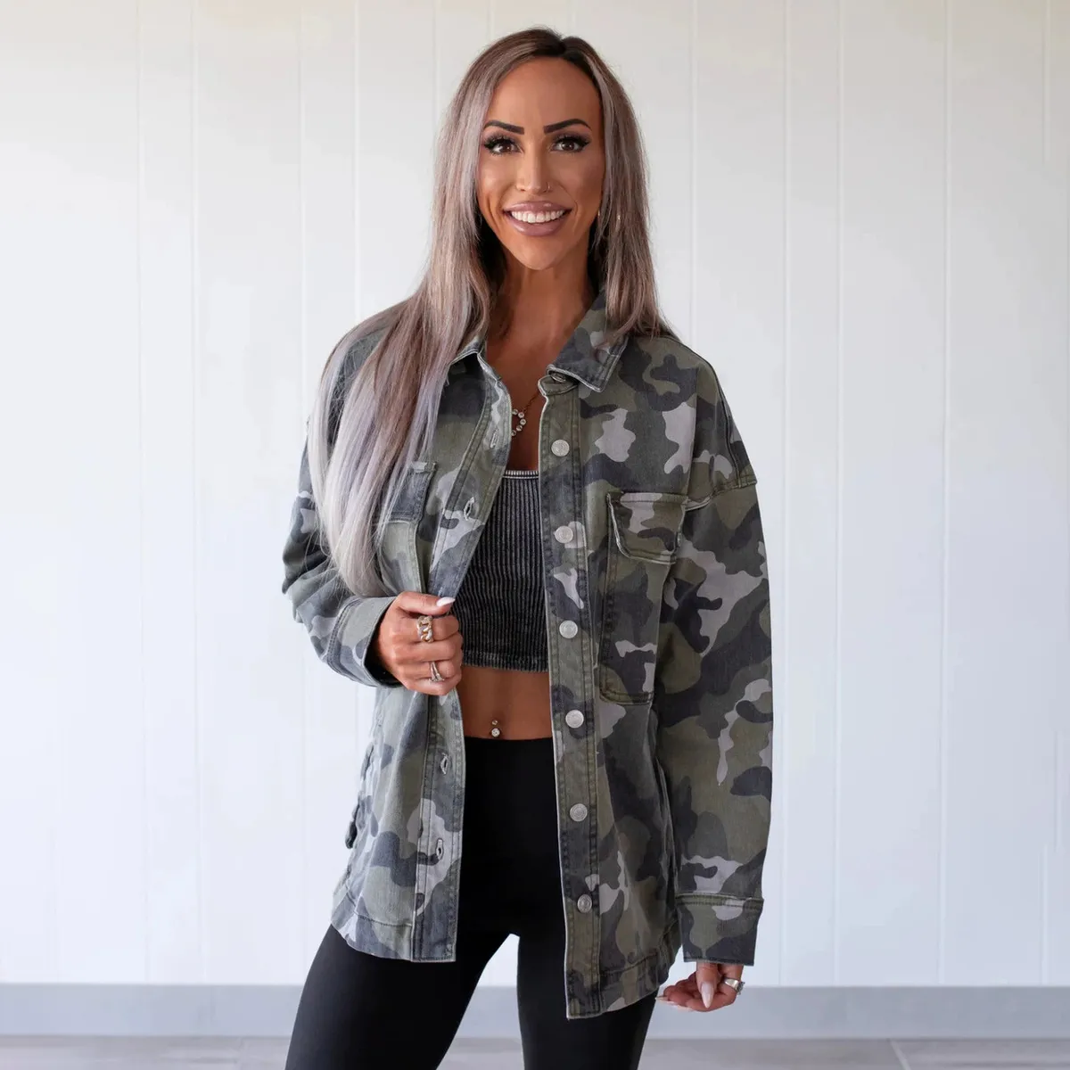Women Fashion Casual Autumn And Winter Camouflage Printed Lapel Long Sleeve Loose Denim Jacket