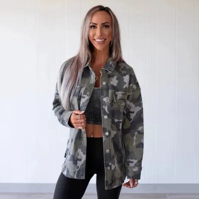 Women Fashion Casual Autumn And Winter Camouflage Printed Lapel Long Sleeve Loose Denim Jacket