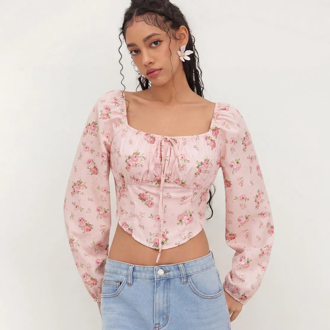 Women Fashion Elegant Autumn Flower Printed Long Sleeve Blouse
