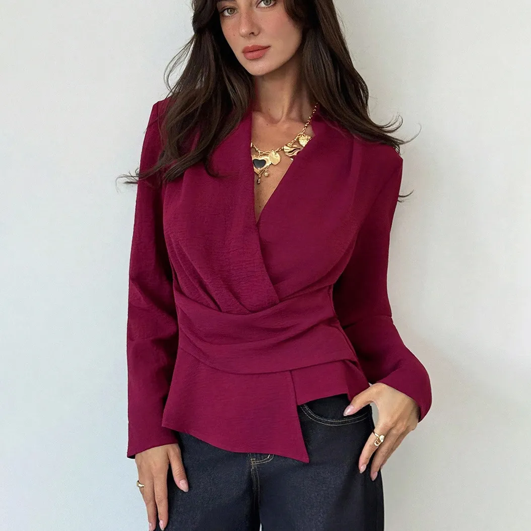 Women Fashion Elegant Autumn Solid Color Long Sleeve Blouse