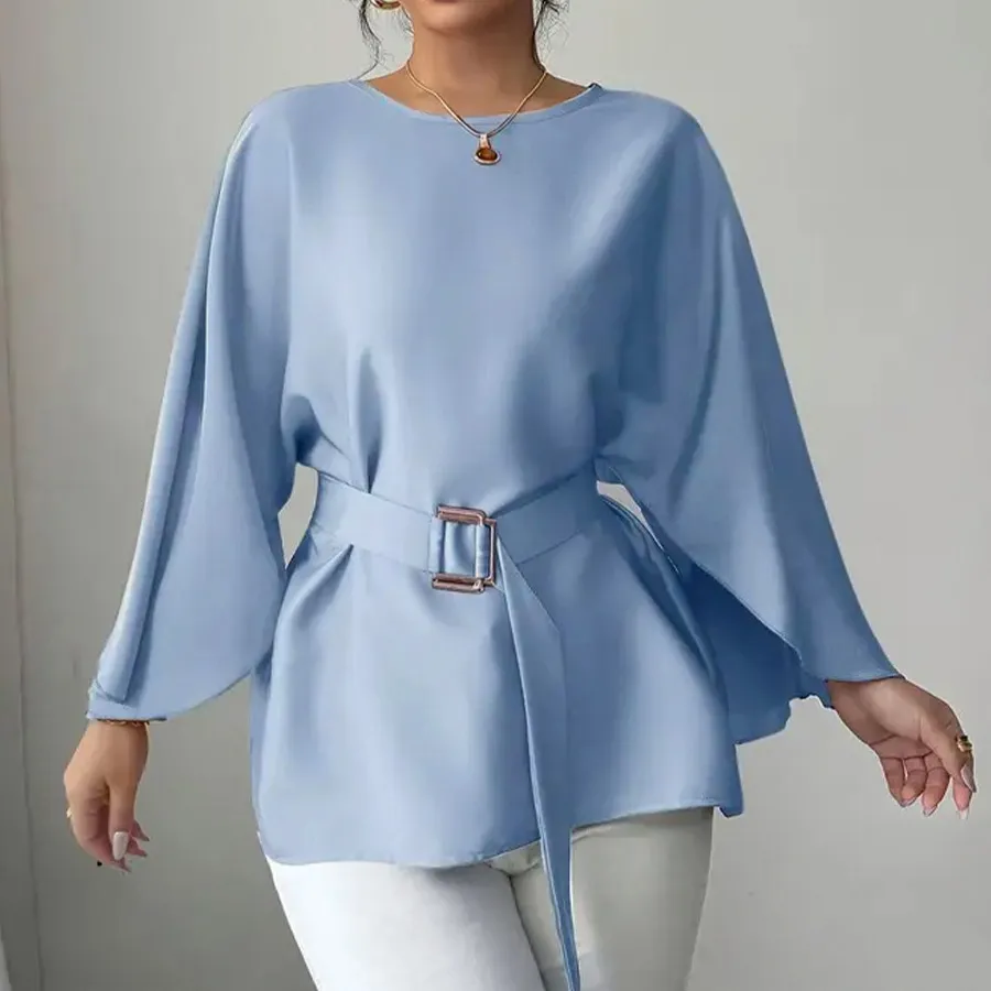Women Fashion Elegant Autumn Solid Color Trumpet Sleeve Loose Blouse