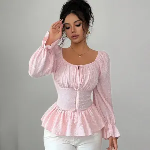 Women Fashion Elegant Autumn Solid Color Jacquard U Neck Long Sleeve Lace-Up Tight-Waisted Ruffled Blouse