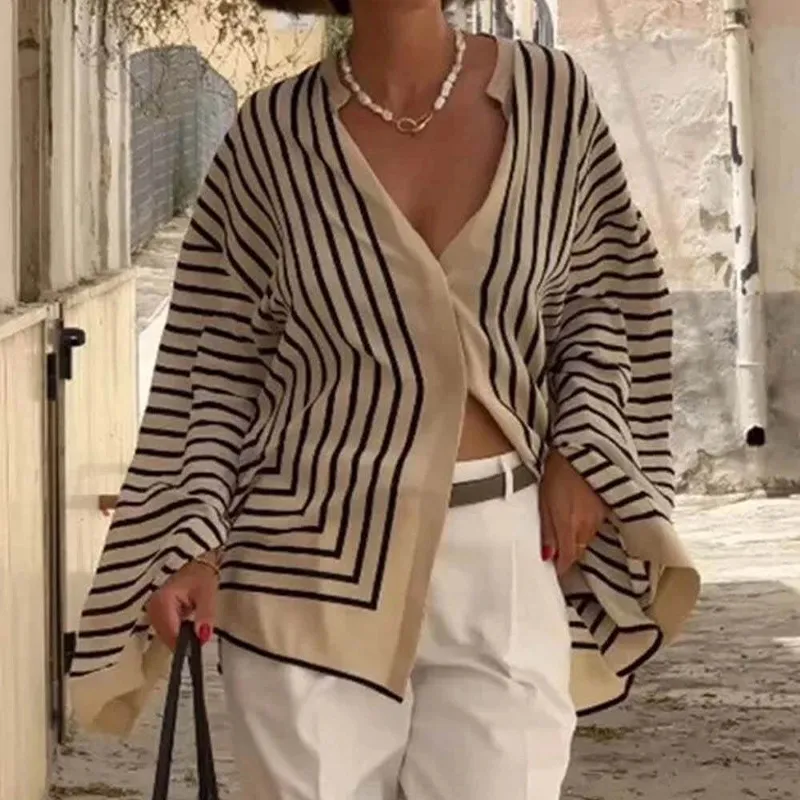 Women Fashion Casual Stripe Long Sleeve Loose Blouse