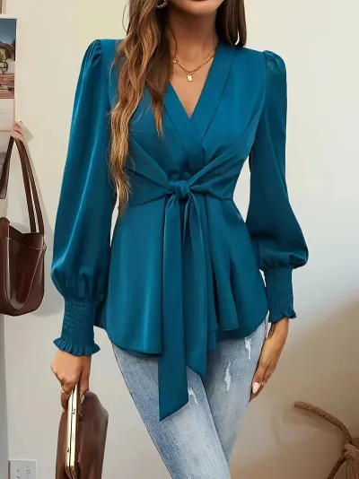 Women Fashion Spring Elegant Solid Color V-Neck Long-Sleeve Lace-Up Blouse