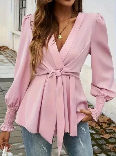 Women Fashion Spring Elegant Solid Color V-Neck Long-Sleeve Lace-Up Blouse