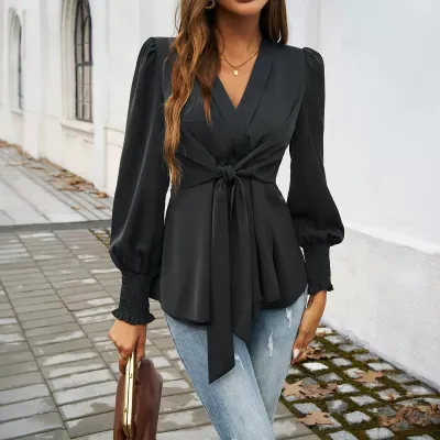 Women Fashion Spring Elegant Solid Color V-Neck Long-Sleeve Lace-Up Blouse