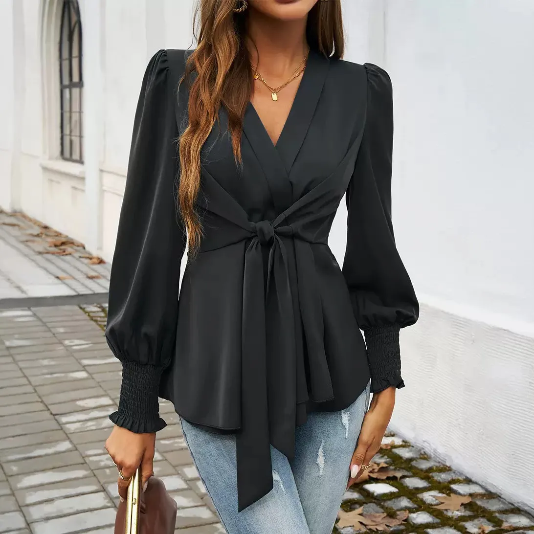 Women Fashion Spring Elegant Solid Color V-Neck Long-Sleeve Lace-Up Blouse