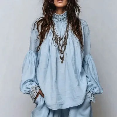 Women Fashion Retro Solid Color Cotton Lace Half High Collar Lantern Sleeve Loose Blouse