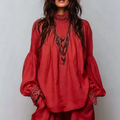 Women Fashion Retro Solid Color Cotton Lace Half High Collar Lantern Sleeve Loose Blouse