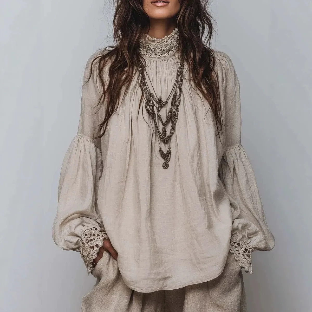 Women Fashion Retro Solid Color Cotton Lace Half High Collar Lantern Sleeve Loose Blouse