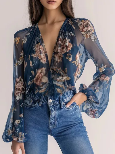 Women Fashion Boho Flower Printed V-Neck Mesh Long Sleeve Blouse