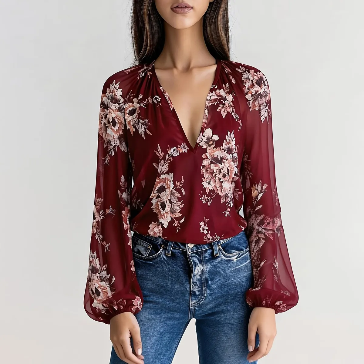 Women Fashion Boho Flower Printed V-Neck Mesh Long Sleeve Blouse