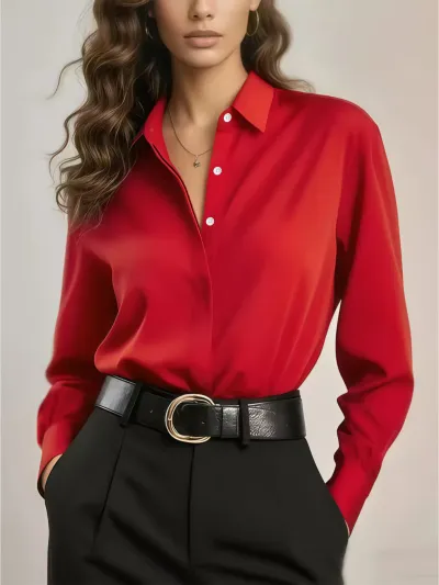 Women Fashion Casual Simple Solid Color Long Sleeve Loose Blouse