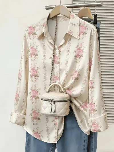 Women Fashion Casual Summer Printed Lapel Long Sleeve Loose Blouse