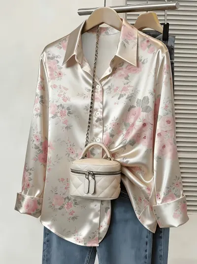 Women Fashion Casual Summer Printed Lapel Long Sleeve Loose Blouse