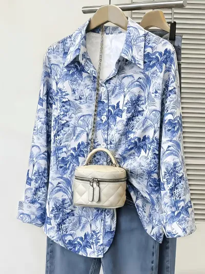 Women Fashion Casual Summer Printed Lapel Long Sleeve Loose Blouse