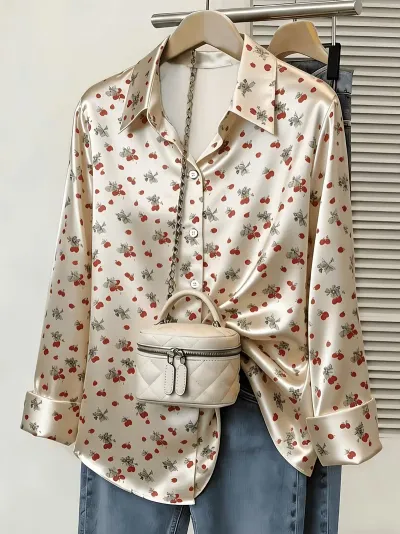 Women Fashion Casual Summer Printed Lapel Long Sleeve Loose Blouse