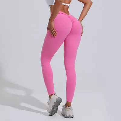 Women Fashion Solid Color Rear V Waist Hip Peach Sports Yoga Leggings