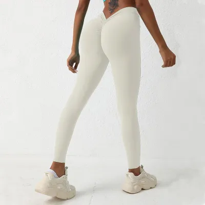 Women Fashion Solid Color Rear V Waist Hip Peach Sports Yoga Leggings