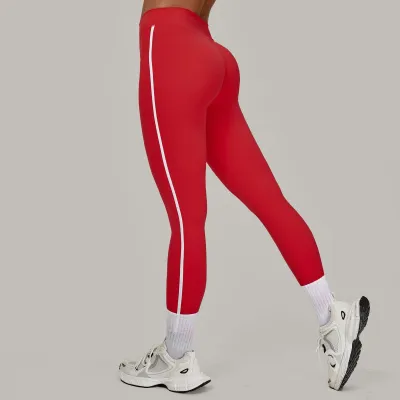 Women Fashion Casual Contrast Color Line Quick-Drying Breathable Tight High Waist Sports Yoga Leggings