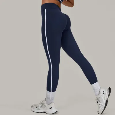 Women Fashion Casual Contrast Color Line Quick-Drying Breathable Tight High Waist Sports Yoga Leggings