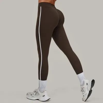 Women Fashion Casual Contrast Color Line Quick-Drying Breathable Tight High Waist Sports Yoga Leggings
