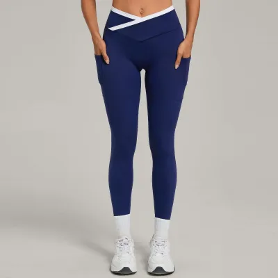 Women Fashion Casual Side Pocket Contrast Cross Waist Quick-Drying Sports Yoga Leggings