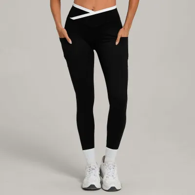 Women Fashion Casual Side Pocket Contrast Cross Waist Quick-Drying Sports Yoga Leggings