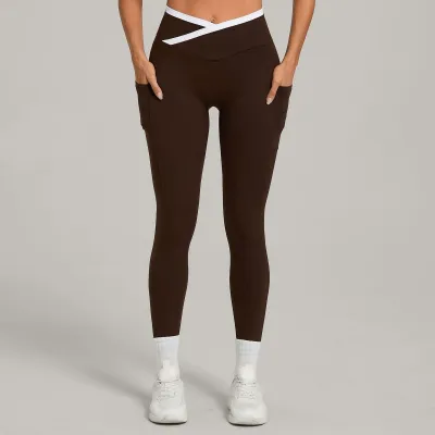 Women Fashion Casual Side Pocket Contrast Cross Waist Quick-Drying Sports Yoga Leggings