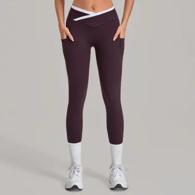 Women Fashion Casual Side Pocket Contrast Cross Waist Quick-Drying Sports Yoga Leggings