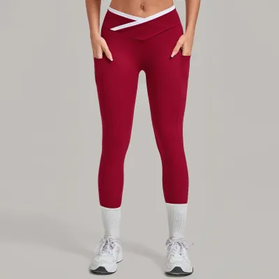 Women Fashion Casual Side Pocket Contrast Cross Waist Quick-Drying Sports Yoga Leggings