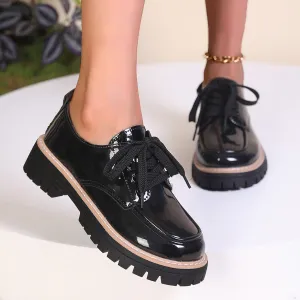 Women Fashion Casaul British Style Leather Round-Toe Lace-Up Platform Loafers