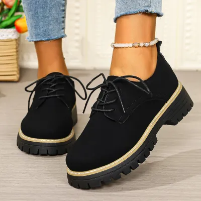Women Fashion Casual Retro Leather Round-Toe Lace-Up Loafers