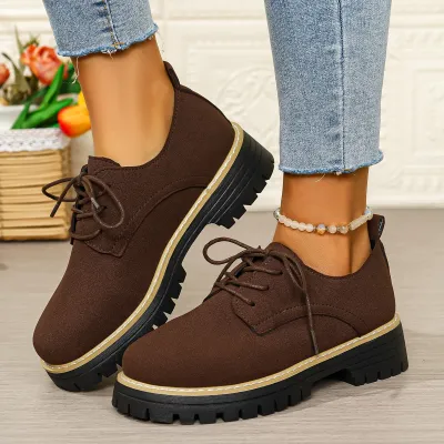 Women Fashion Casual Retro Leather Round-Toe Lace-Up Loafers