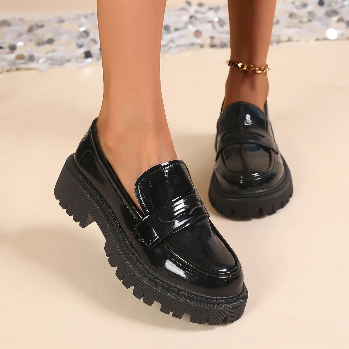Women'S Fashion British-Style Leather Round-Toe Thick-Soled Loafers