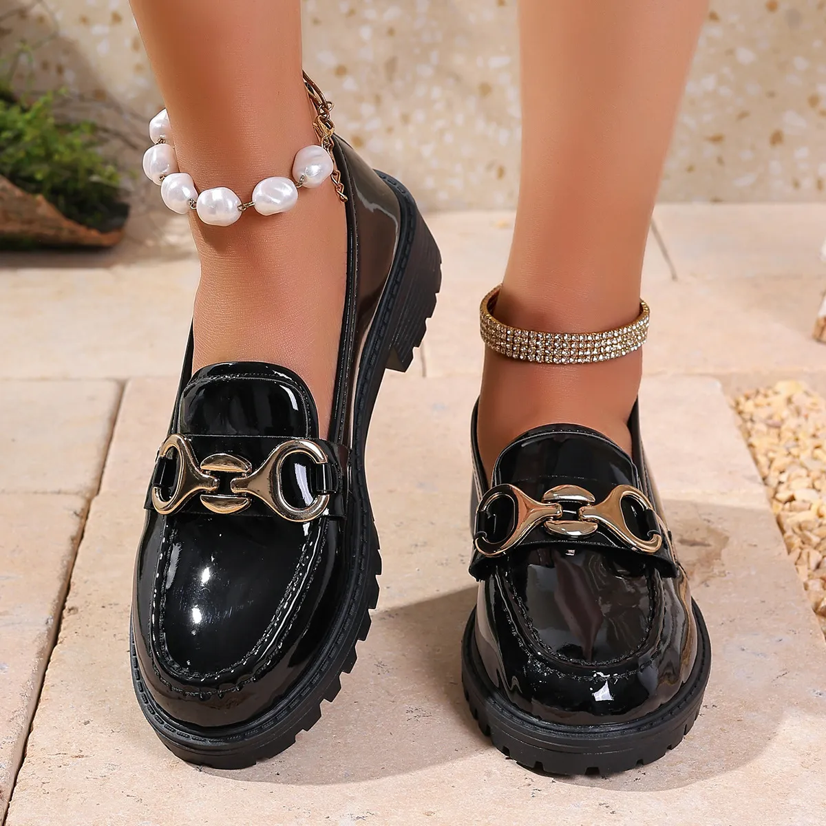 Women Fashion Casual British-Style Solid Color Leather Round-Toe Platform Loafers