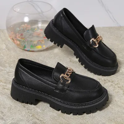 Women Fashion Leather Round-Toe Thick-Soled Slip-On Loafers