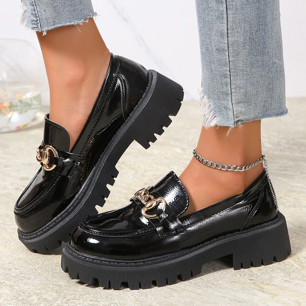 Women Fashion Leather Round-Toe Thick-Soled Slip-On Loafers