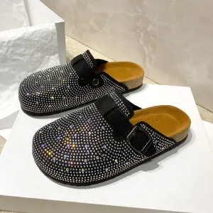 Women Fashion Casual Summer Solid Color Rhinestone Buckle Mules Shoes