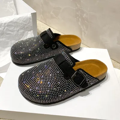 Women Fashion Casual Summer Solid Color Rhinestone Buckle Mules Shoes