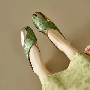 Women Fashion Casual Summer Color-Matching Soft Leather Square-Toe Flat Mules Shoes