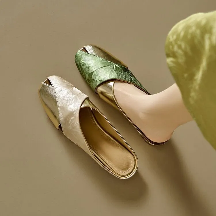 Women Fashion Casual Summer Color-Matching Soft Leather Square-Toe Flat Mules Shoes
