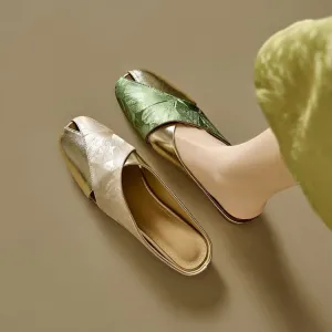Women Fashion Casual Summer Color-Matching Soft Leather Square-Toe Flat Mules Shoes